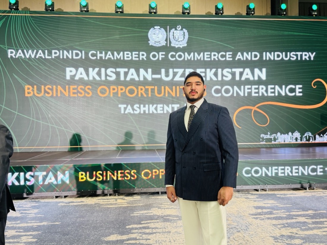 Husnain at the RCCI Pakistan–Uzbekistan Business Opportunities Conference stage in Tashkent